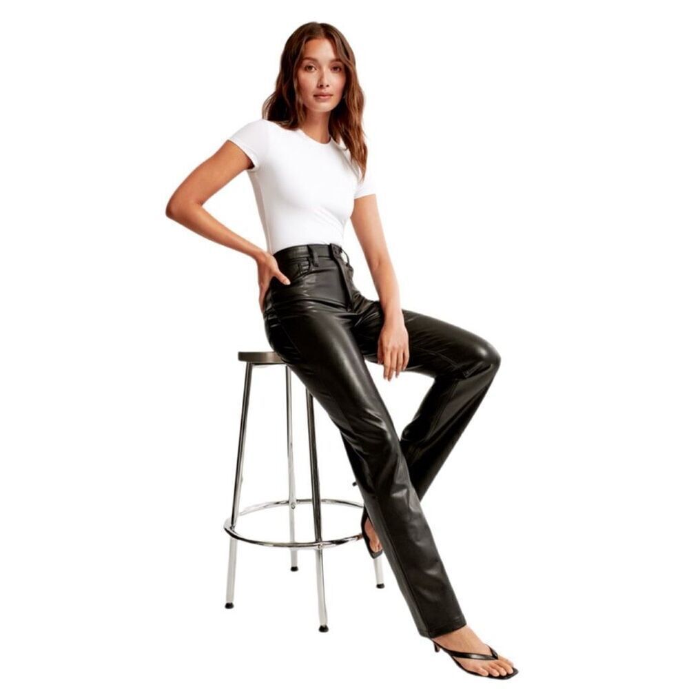 New! Abercrombie & Fitch Black Ankle Straight Ultra High Rise Vegan Leather Pant